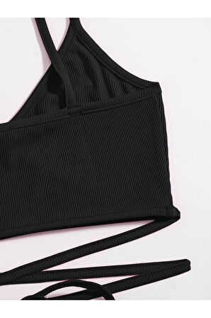 V Yaka Askılı İpli Siyah Renk Fitilli Super Crop Top Büstiyer