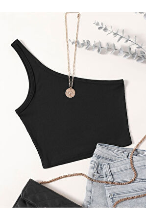 Asimetrik Yaka Kolsuz Tek Omuz Askılı Siyah Renk Fitilli Crop Top Bluz