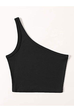 Asimetrik Yaka Kolsuz Tek Omuz Askılı Siyah Renk Fitilli Crop Top Bluz