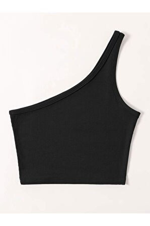 Asimetrik Yaka Kolsuz Tek Omuz Askılı Siyah Renk Fitilli Crop Top Bluz