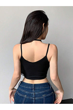 U Yaka İpli Askılı Siyah Renk Fitilli Crop Top Bluz