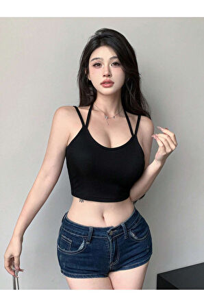 U Yaka İpli Askılı Siyah Renk Fitilli Crop Top Bluz