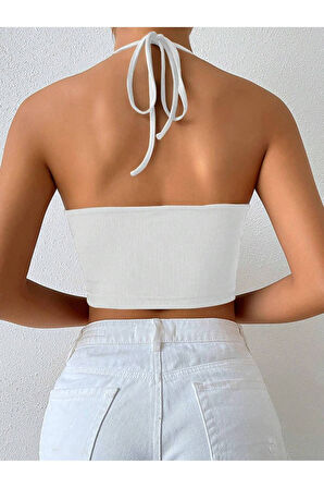 Halter Yaka Bağlamalı Büzgülü Beyaz Renk Fitilli Crop Top Bluz