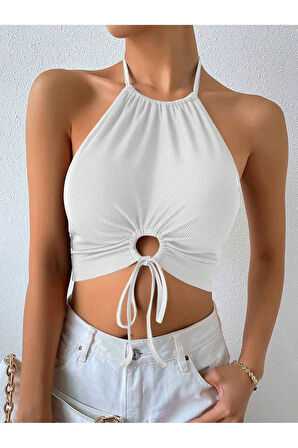 Halter Yaka Bağlamalı Büzgülü Beyaz Renk Fitilli Crop Top Bluz