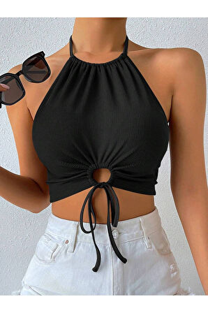 Halter Yaka Bağlamalı Büzgülü Siyah Renk Fitilli Crop Top Bluz