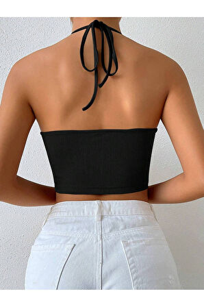 Halter Yaka Bağlamalı Büzgülü Siyah Renk Fitilli Crop Top Bluz