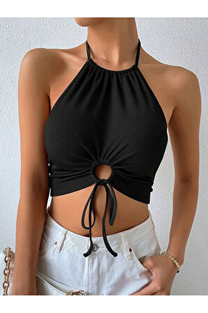 Halter Yaka Bağlamalı Büzgülü Siyah Renk Fitilli Crop Top Bluz