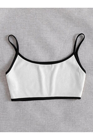 Bisiklet Yaka Askılı Beyaz Renk Fitilli Crop Top Büstiyer