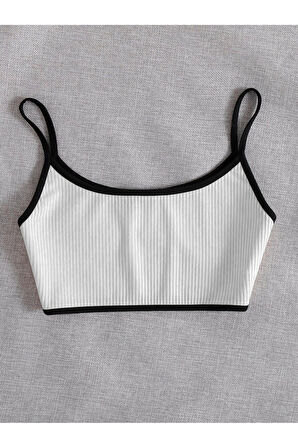 Bisiklet Yaka Askılı Beyaz Renk Fitilli Crop Top Büstiyer