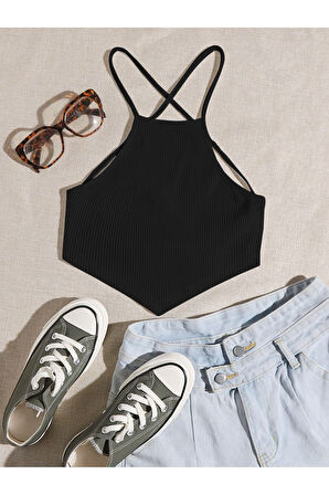 Halter Yaka Sırtı Açık Çapraz Askılı Bağcıklı Siyah Renk Fitilli Crop Top Bluz