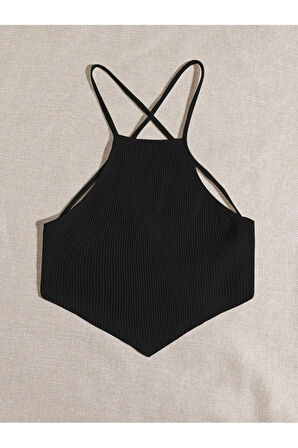 Halter Yaka Sırtı Açık Çapraz Askılı Bağcıklı Siyah Renk Fitilli Crop Top Bluz