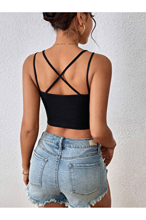 Havuz Yaka Çapraz Askılı Siyah Renk Fitilli Crop Top Bluz