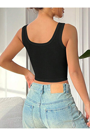 Kare Yaka Düşük Sırtlı Siyah Renk Fitilli Crop Top Bluz