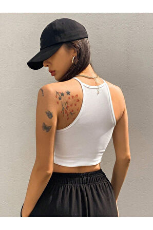 Askılı Halter Yaka Yüzücü Sırtlı Beyaz Renk Fitilli Crop Top Bluz