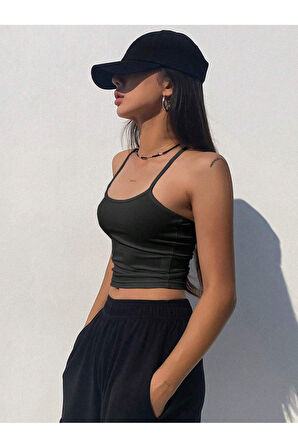 Havuz Yaka Askılı Siyah Renk Fitilli Crop Top Bluz