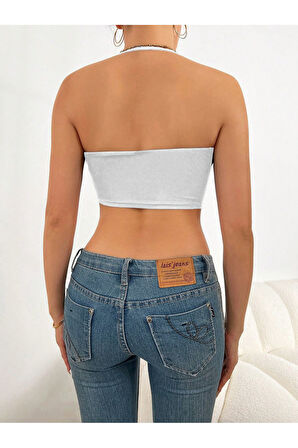 U Yaka Boyun Askılı Beyaz Renk Fitilli Crop Top Büstiyer
