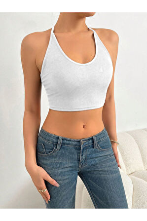 U Yaka Boyun Askılı Beyaz Renk Fitilli Crop Top Büstiyer