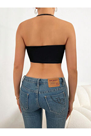 U Yaka Boyun Askılı Siyah Renk Fitilli Crop Top Büstiyer
