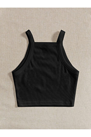 Düz Yaka Askılı Siyah Renk Fitilli Crop Top Büstiyer