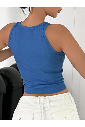 Kalın Askılı U Yaka Mavi Renk Fitilli Crop Top Bluz