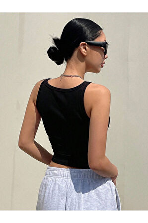 Kalın Askılı U Yaka Siyah Renk Fitilli Crop Top Bluz