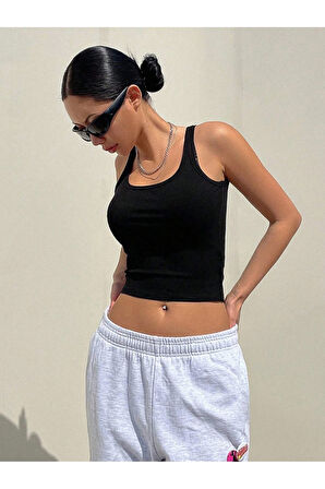 Kalın Askılı U Yaka Siyah Renk Fitilli Crop Top Bluz