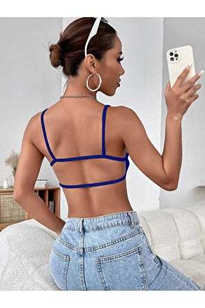Kadın Mavi Renk Sırtı Açık Ipli Sütyen Stil Super Crop Mini Büstiyer
