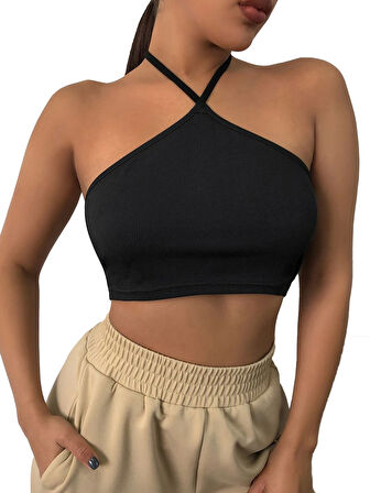Liona Kadın Boyundan Bağlamalı Siyah Renk Crop Top Bluz