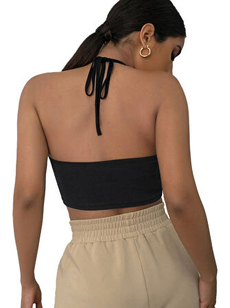 Liona Kadın Boyundan Bağlamalı Siyah Renk Crop Top Bluz