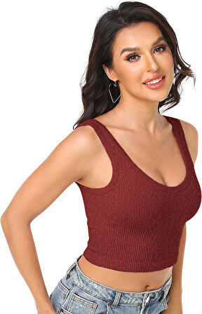 Liona Kadın U Yaka Melanj Bordo Renk Crop Top Bluz Atlet