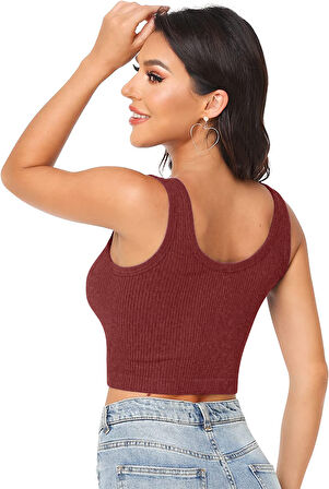 Liona Kadın U Yaka Melanj Bordo Renk Crop Top Bluz Atlet