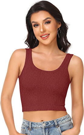 Liona Kadın U Yaka Melanj Bordo Renk Crop Top Bluz Atlet