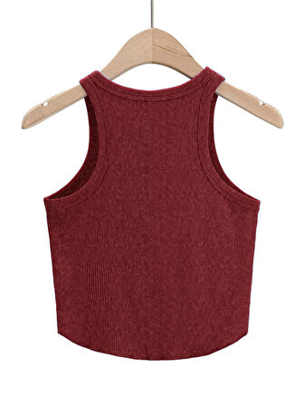 Liona Kadın Oval Etekli Melanj Bordo Renk Bisiklet Yaka Crop Top Bluz