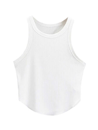 Liona Kadın Oval Etekli Beyaz Renk Bisiklet Yaka Crop Top Bluz