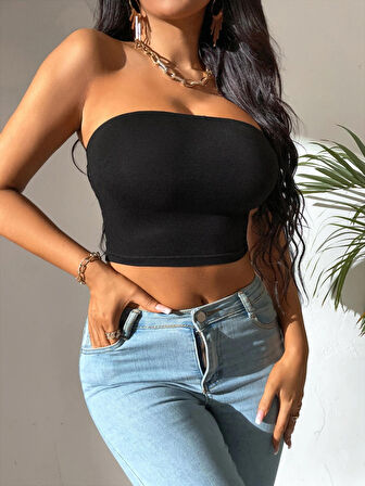 Liona Kadın Siyah Straplez Crop Top Bluz