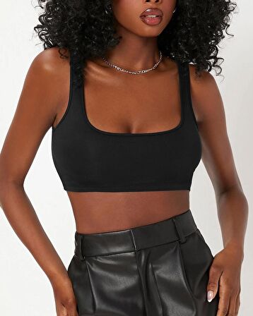 Liona Kadın Kare Yaka Siyah Slim Fit Mini Crop Top Bluz