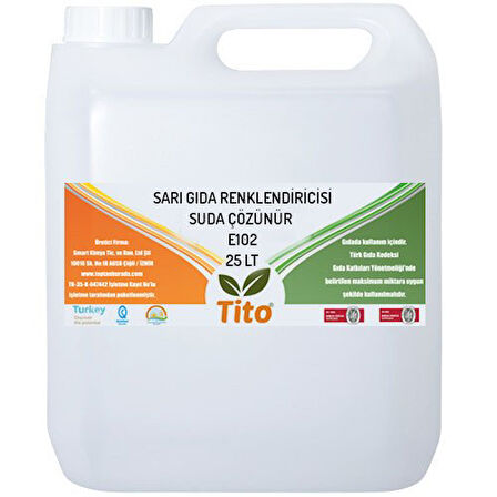 Sarı Gıda Renklendiricisi Sıvı Suda Çözünür E102 25 litre