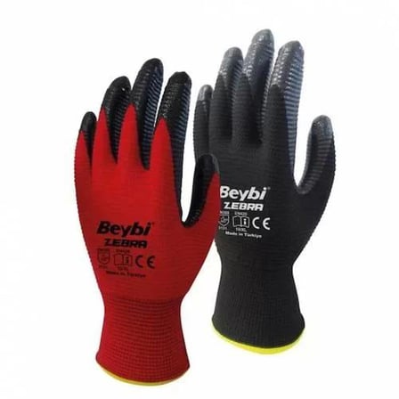 Beybi Nitril Poly Pnzebra 9 Beden Kırmızı Siyah  Eldiven 12Li Paket En388 (3131X) /