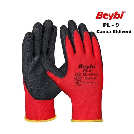 Beybi Nitril Poly Pl9 9 Beden Kırmızı Siyah İş Eldiveni 12Li Paket Camcı Eldiveni /
