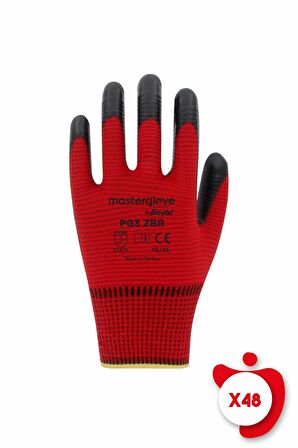 Master Glove PG3 Zebra Kırmızı Polyester Örme Nitril İş Eldiveni 10 Beden 48 Çift