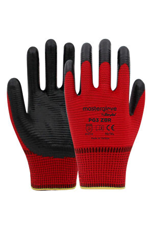 Master Glove PG3 Zebra Kırmızı Polyester Örme Nitril İş Eldiveni 10 Beden 60 Çift