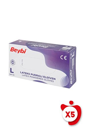 Beybi Pudralı Lateks Muayene Eldiveni L Beden Beyaz 100'lü 5 Paket