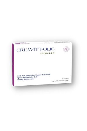 CreaVit Folic Complex 30 Film Kaplı Tablet ( 400 mcg Metilfolat, B6 & B12 vitaminleri, İyot)