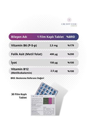 CreaVit Folic Complex 30 Film Kaplı Tablet ( 400 mcg Metilfolat, B6 & B12 vitaminleri, İyot)