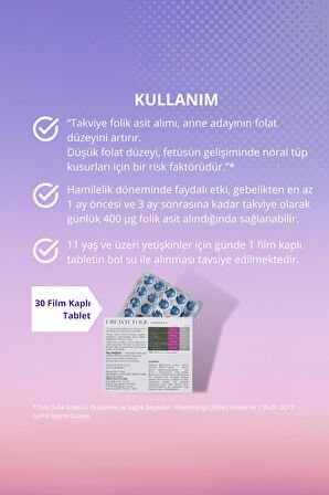 CreaVit Folic Complex 30 Film Kaplı Tablet ( 400 mcg Metilfolat, B6 & B12 vitaminleri, İyot)