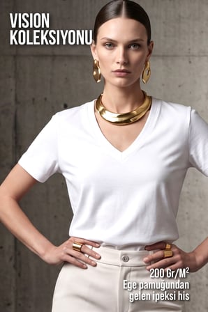 Kadın Vision V Yaka Premium Kalite Yoğun Dokulu Pamuklu T-Shirt Beyaz W102-R0220-01