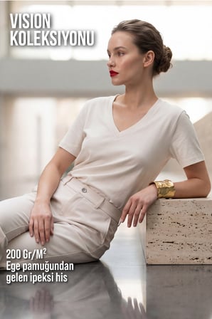Kadın Vision V Yaka Premium Kalite Yoğun Dokulu Pamuklu T-Shirt Krem W102-R0220-02
