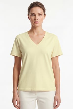 Kadın Vision V Yaka Premium Kalite Yoğun Dokulu Pamuklu T-Shirt Sarı W102-R0220-03
