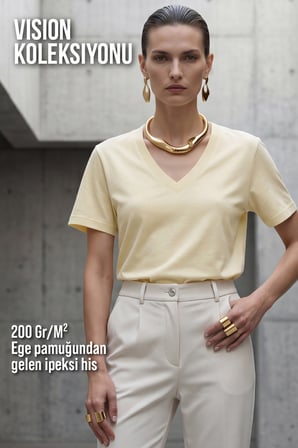 Kadın Vision V Yaka Premium Kalite Yoğun Dokulu Pamuklu T-Shirt Sarı W102-R0220-03