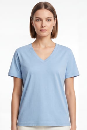 Kadın Vision V Yaka Premium Kalite Yoğun Dokulu Pamuklu T-Shirt Açık Mavi W102-R0220-04